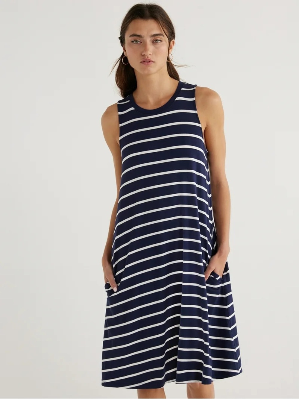 Navy & White Striped Sleeveless Swing Dress